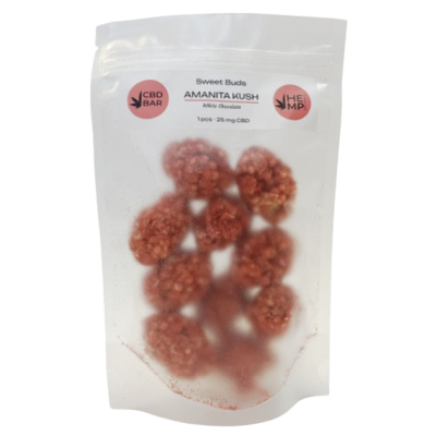 Цукерки CBD Buds Amanita Kush у білому шоколаді (КБД 250мг, Мухомор 5г) ZIP-Pack 10шт