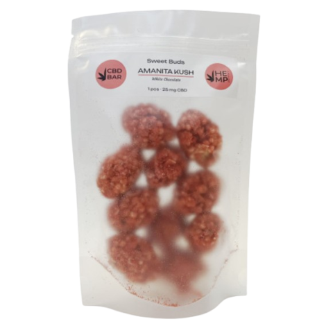 Цукерки CBD Buds Amanita Kush у білому шоколаді (КБД 250мг, Мухомор 5г) ZIP-Pack 10шт